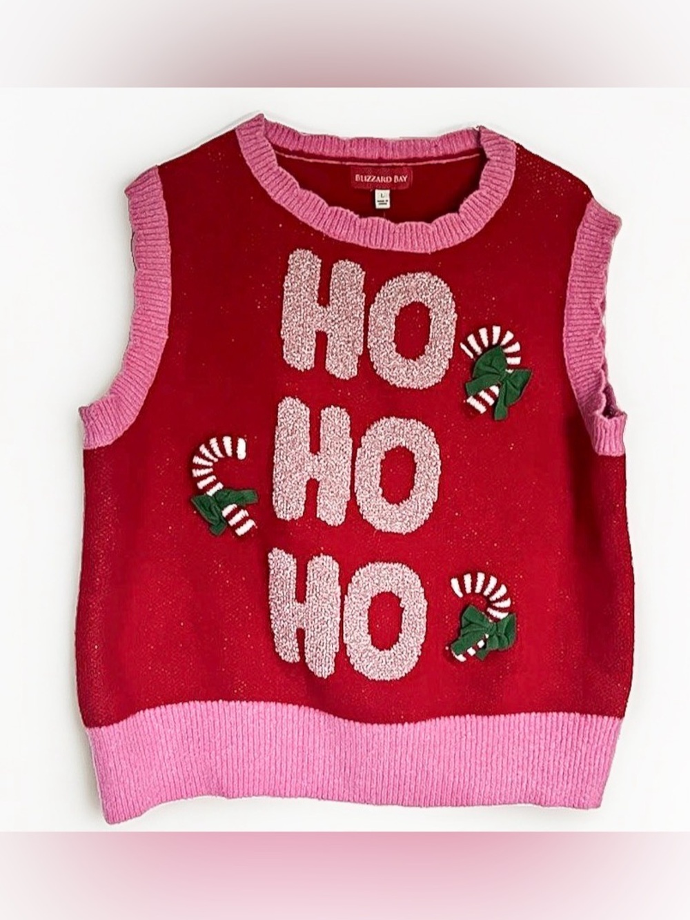 Blizzard Bay Women’s L Red Pink Knit Sweater Vest HO HO HO Candy Cane Stretch